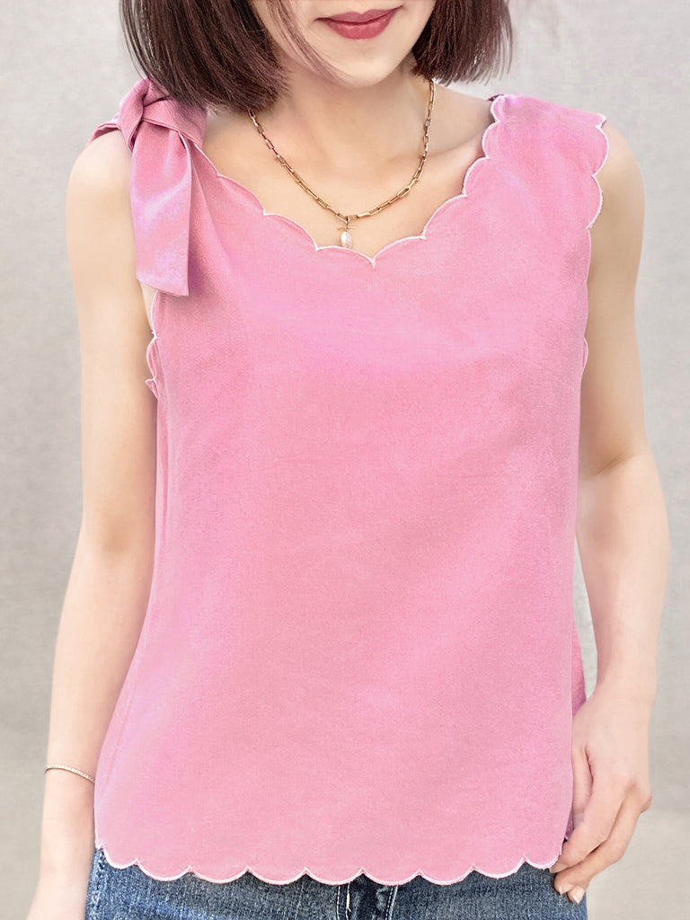 Final Sale! Pink Scallop V-neck Silk Tank With Removable Bow