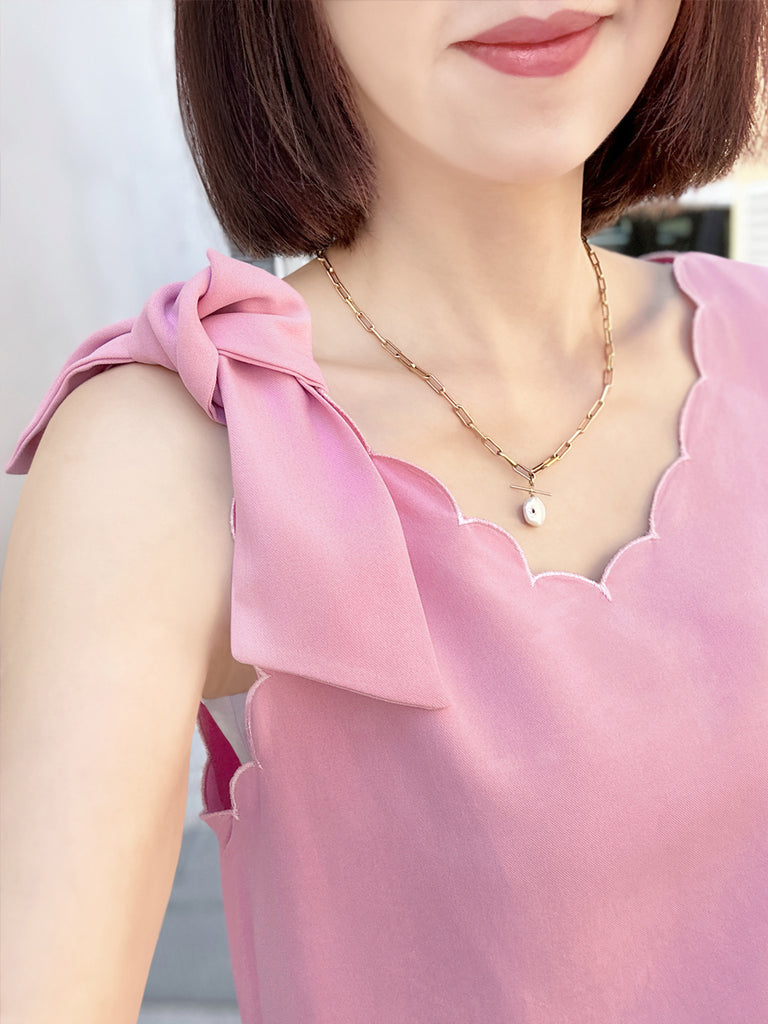 Final Sale! Pink Scallop V-neck Silk Tank With Removable Bow