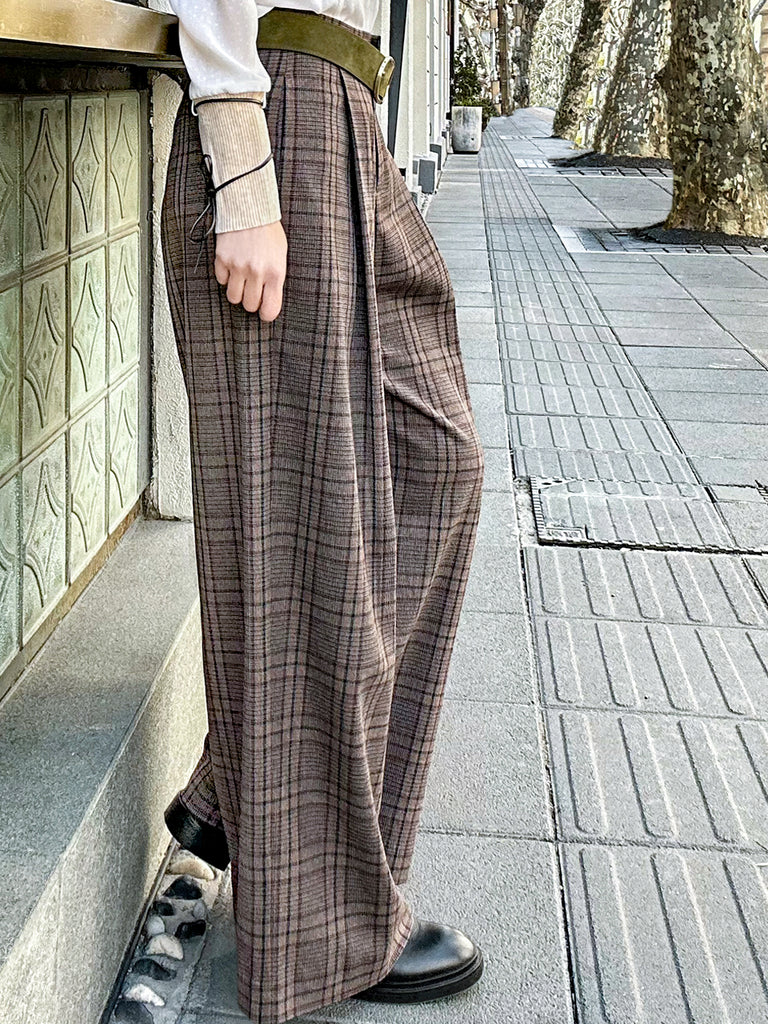 經典格子呢前褶寬褲