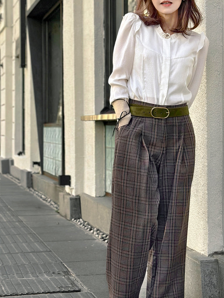 經典格子呢前褶寬褲