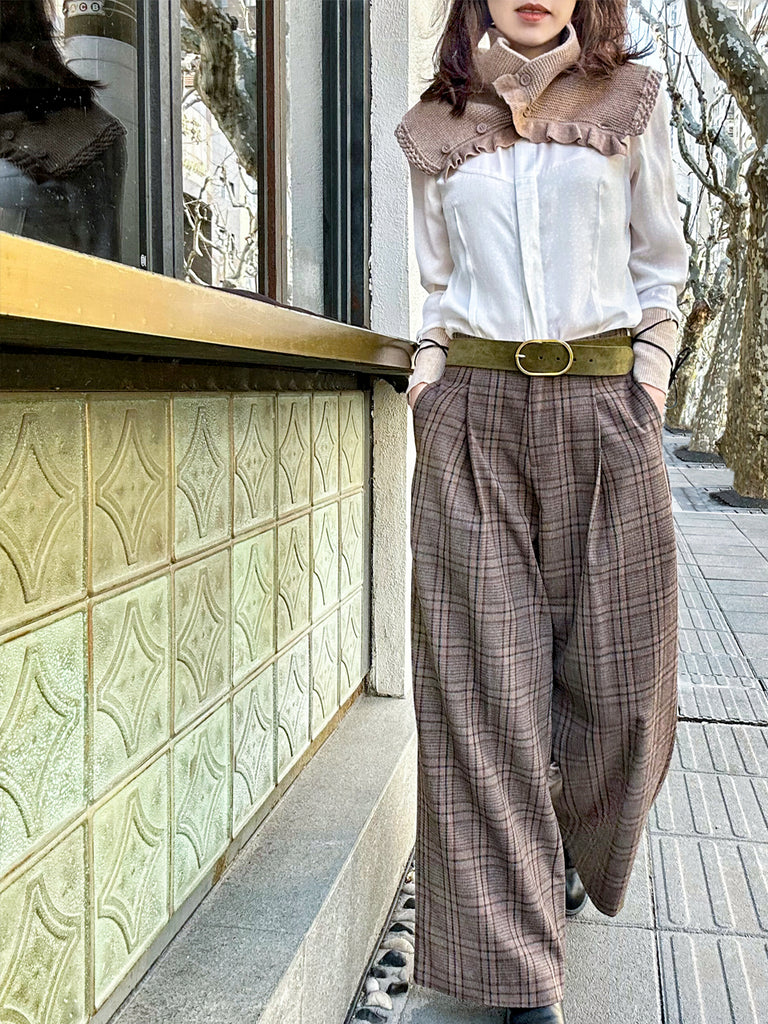 經典格子呢前褶寬褲