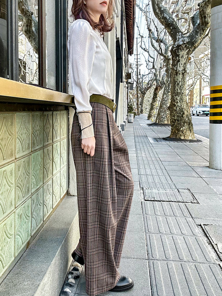 經典格子呢前褶寬褲