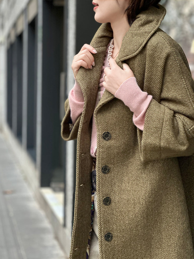 Last Chance! Khaki Green Scalloped Hem Cashmere Wool Blend Coat