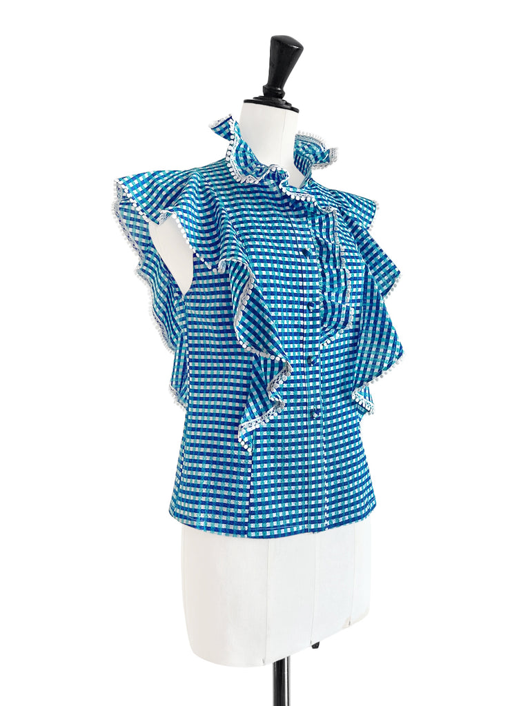 Restock! Blue Gingham Lace Dotty Trim Ruffle Button-Up Top