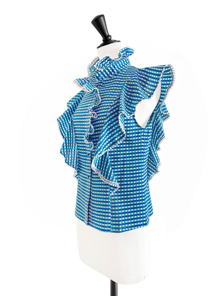 Restock! Blue Gingham Lace Dotty Trim Ruffle Button-Up Top