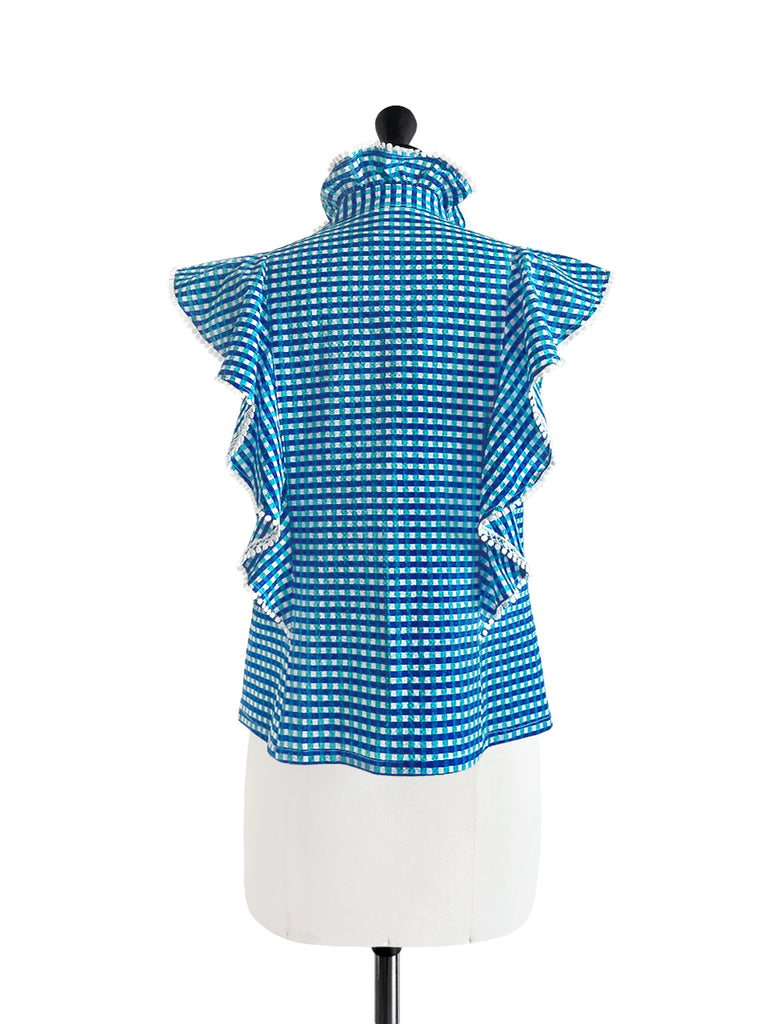 Restock! Blue Gingham Lace Dotty Trim Ruffle Button-Up Top