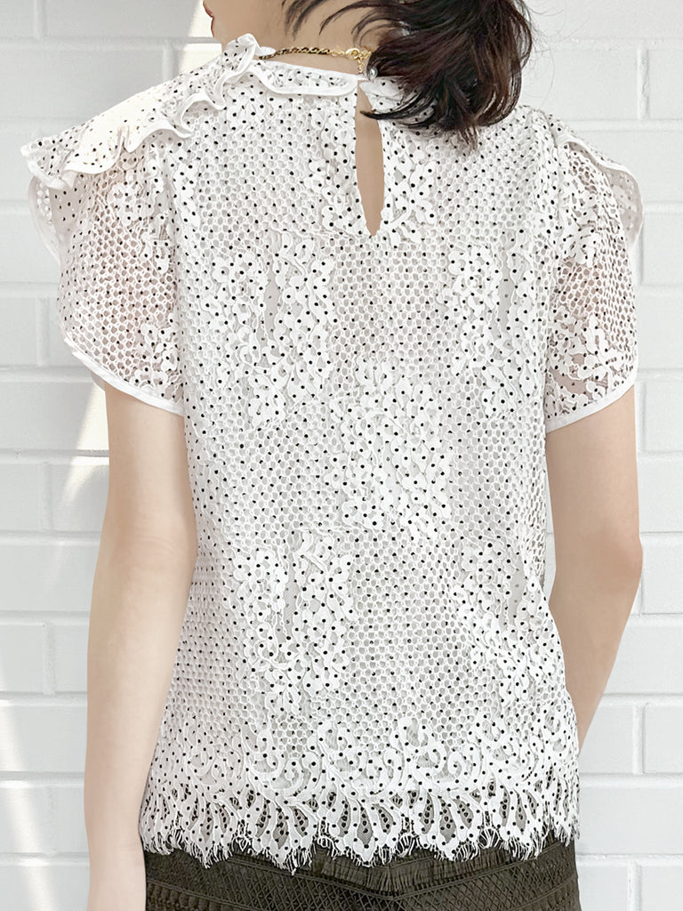 Last Chance! Monochrome Dotted Lace Frill Neck Statement Top