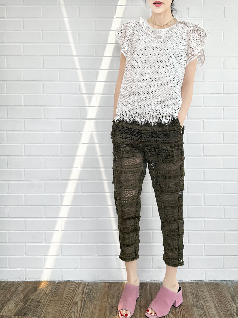 Last Chance! Monochrome Dotted Lace Frill Neck Statement Top