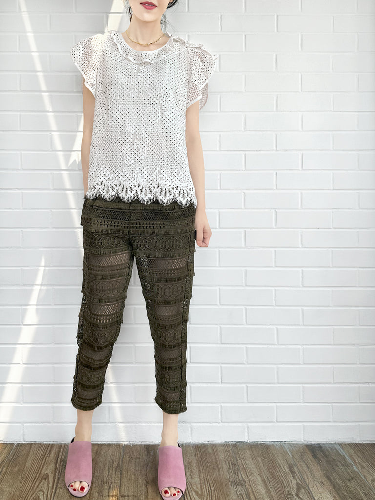 Last Chance! Monochrome Dotted Lace Frill Neck Statement Top