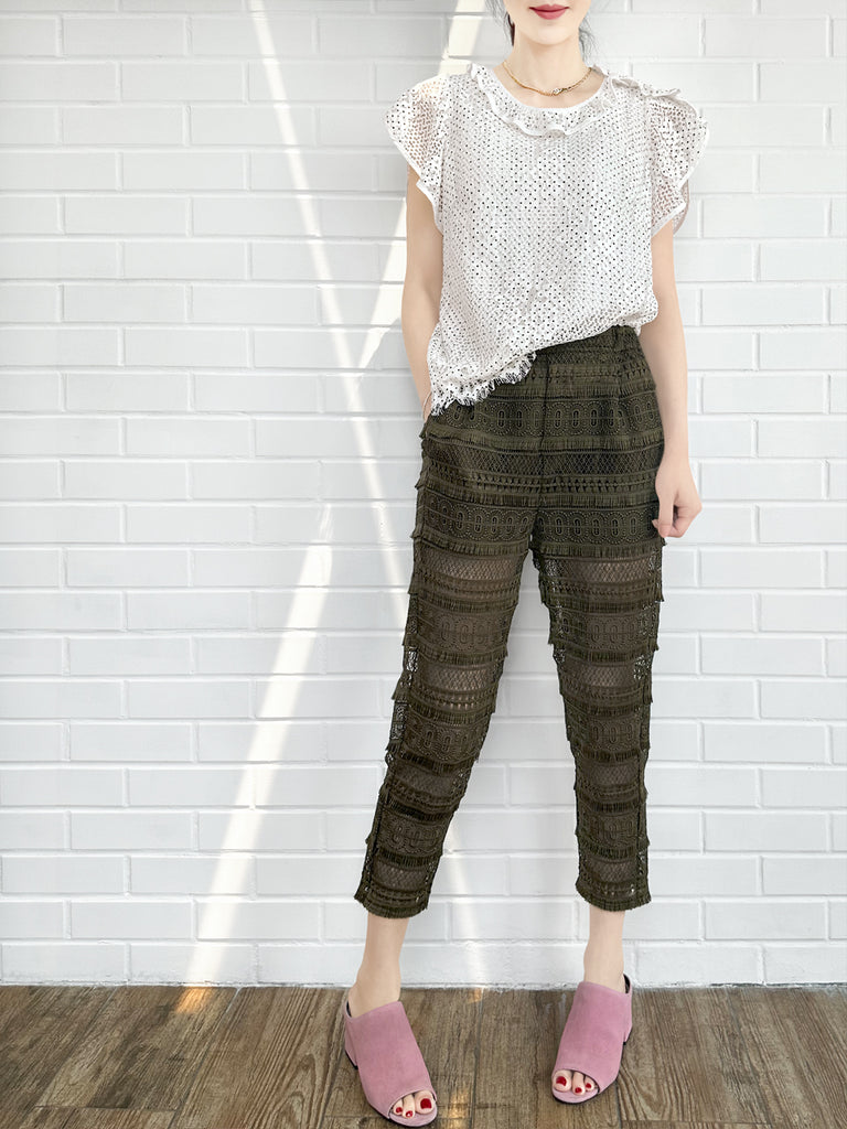 Last Chance! Monochrome Dotted Lace Frill Neck Statement Top