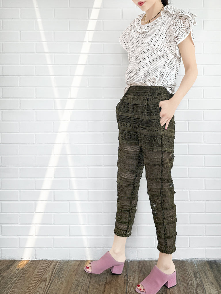 Last Chance! Monochrome Dotted Lace Frill Neck Statement Top