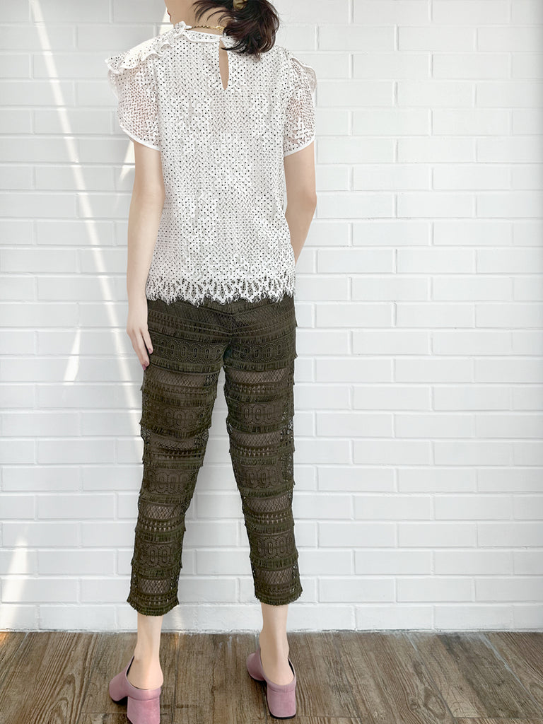 Last Chance! Monochrome Dotted Lace Frill Neck Statement Top