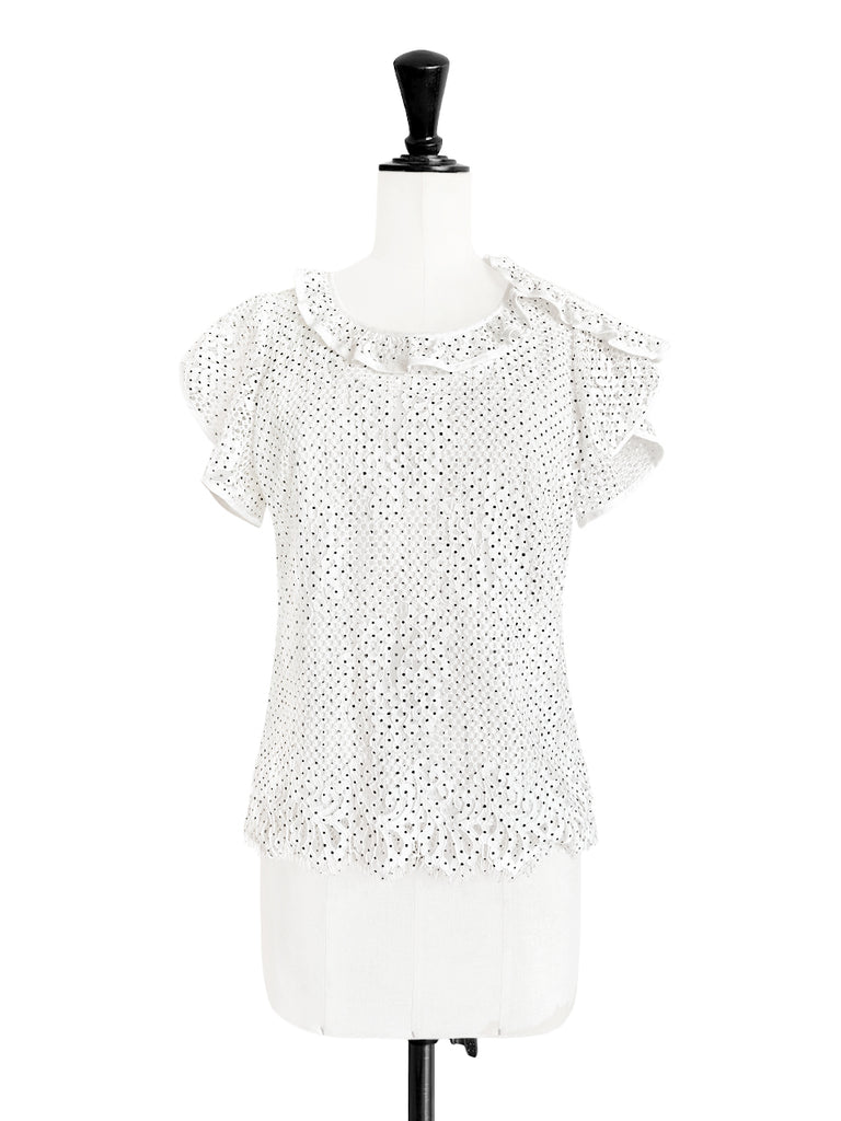 Last Chance! Monochrome Dotted Lace Frill Neck Statement Top