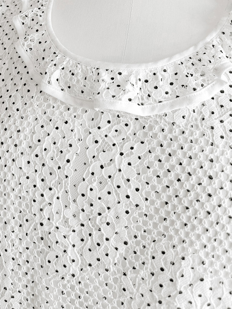 Last Chance! Monochrome Dotted Lace Frill Neck Statement Top