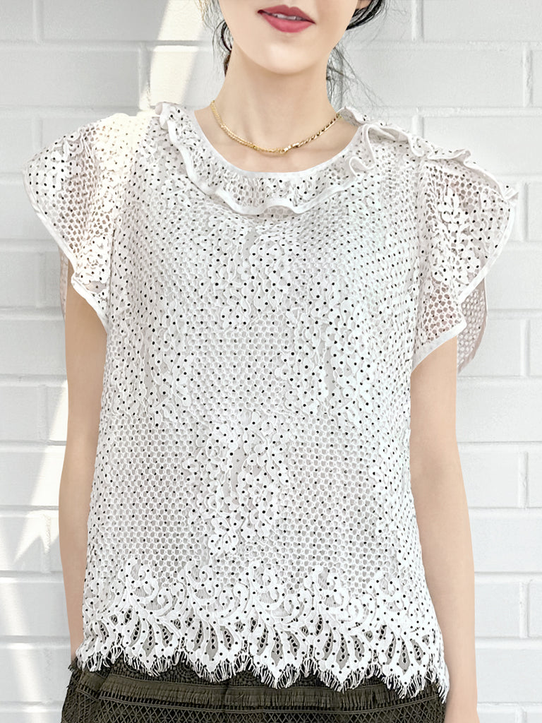 Last Chance! Monochrome Dotted Lace Frill Neck Statement Top
