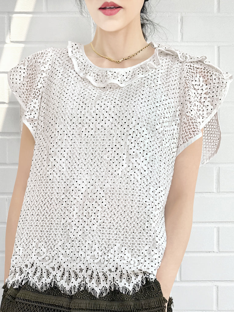 Last Chance! Monochrome Dotted Lace Frill Neck Statement Top
