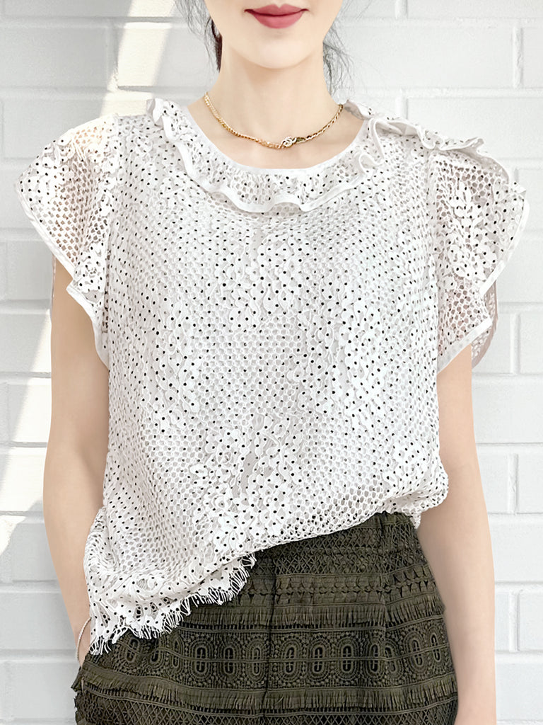 Last Chance! Monochrome Dotted Lace Frill Neck Statement Top