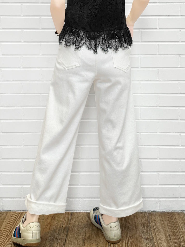 白色寬鬆標誌刺繡帆布寬褲