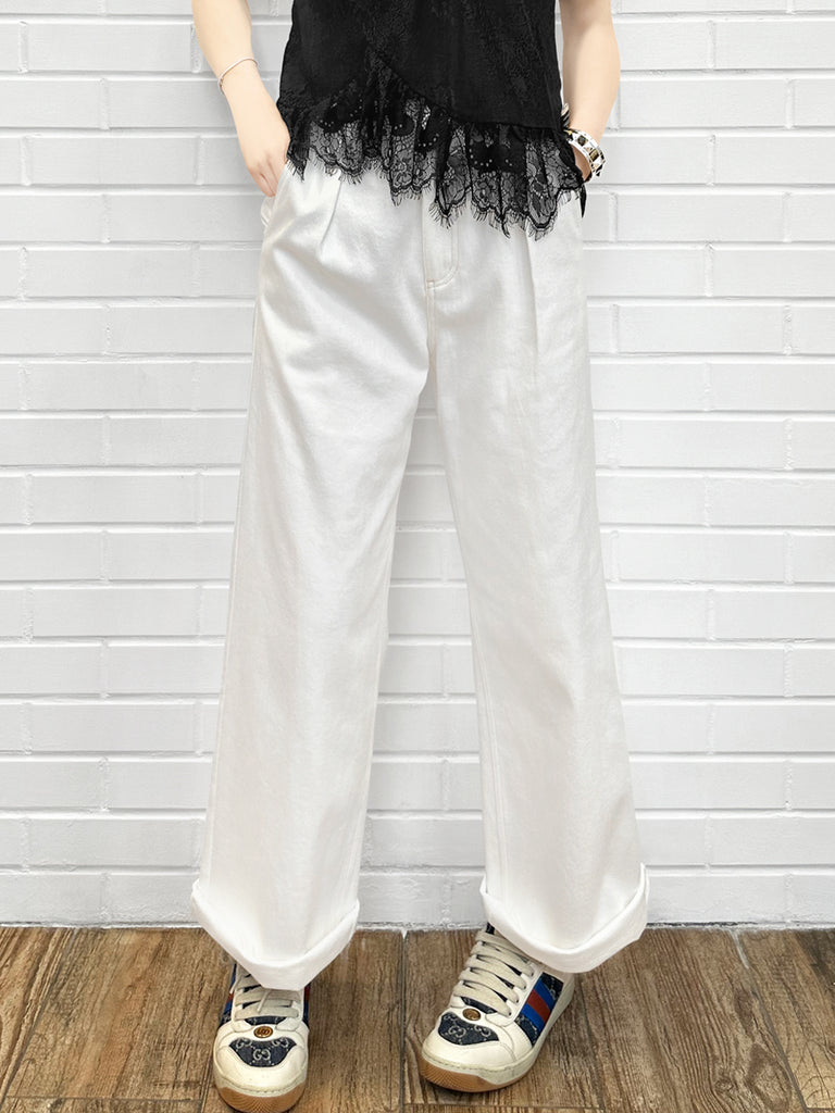 白色寬鬆標誌刺繡帆布寬褲