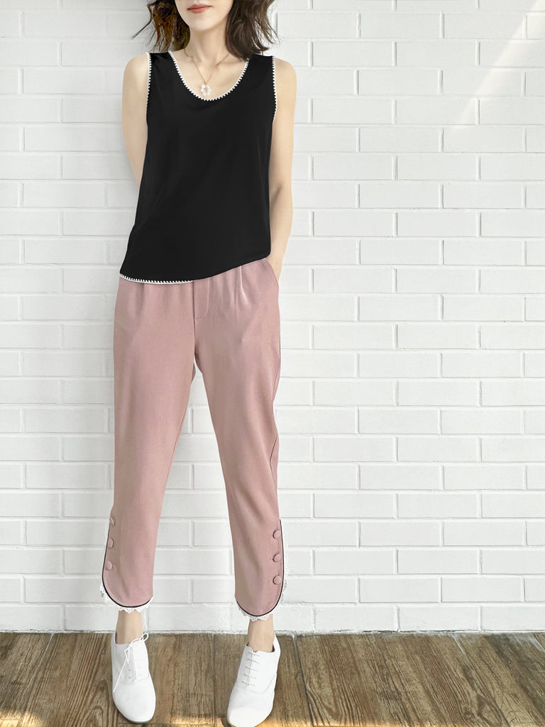 粉紅色撞色滾邊蕾絲細部錐形九分褲