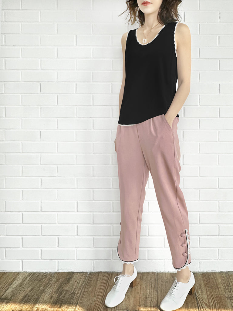 粉紅色撞色滾邊蕾絲細部錐形九分褲