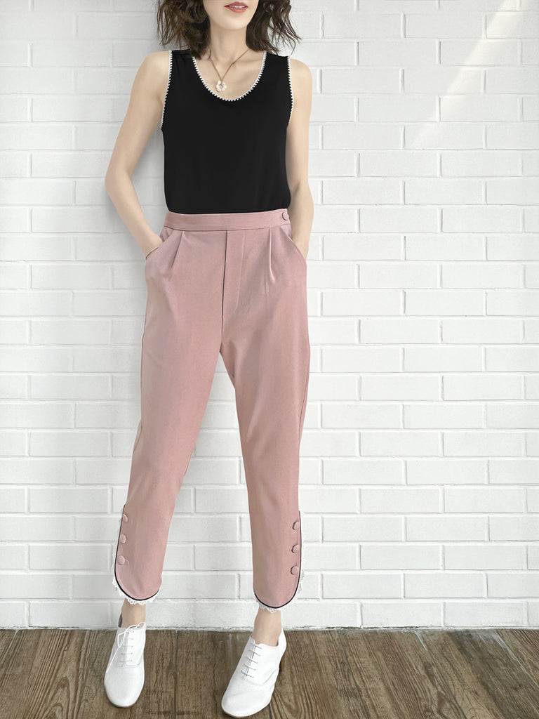 粉紅色撞色滾邊蕾絲細部錐形九分褲