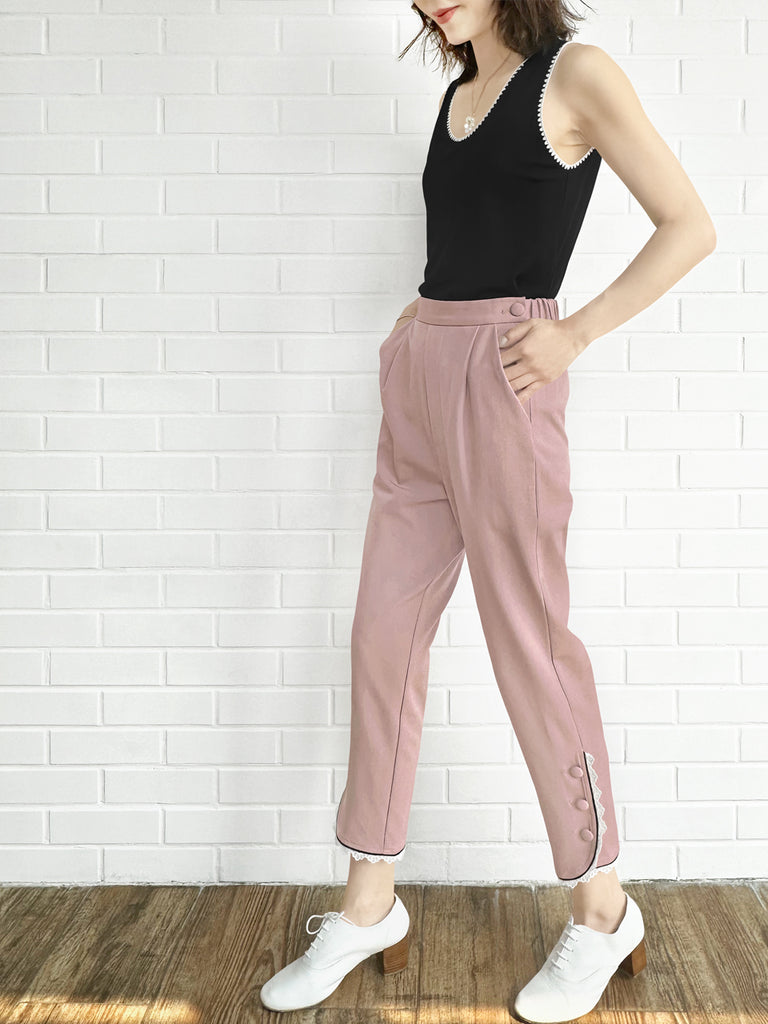 粉紅色撞色滾邊蕾絲細部錐形九分褲