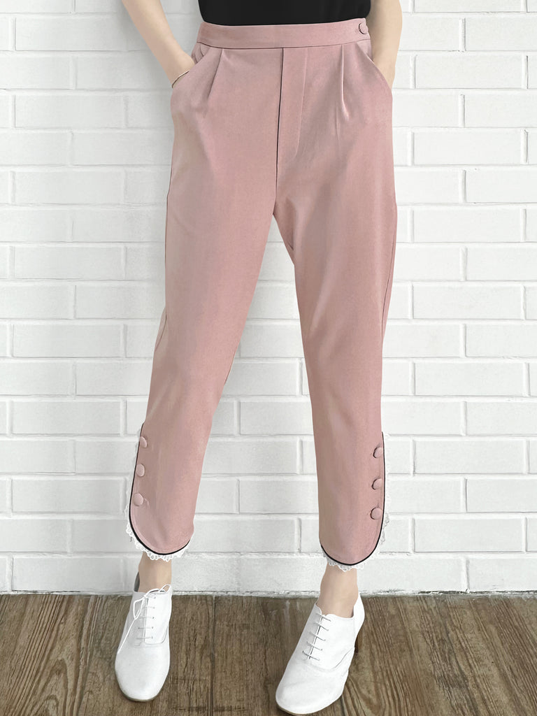 粉紅色撞色滾邊蕾絲細部錐形九分褲