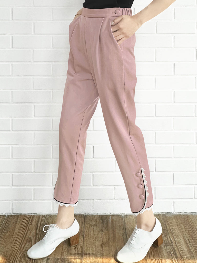 粉紅色撞色滾邊蕾絲細部錐形九分褲