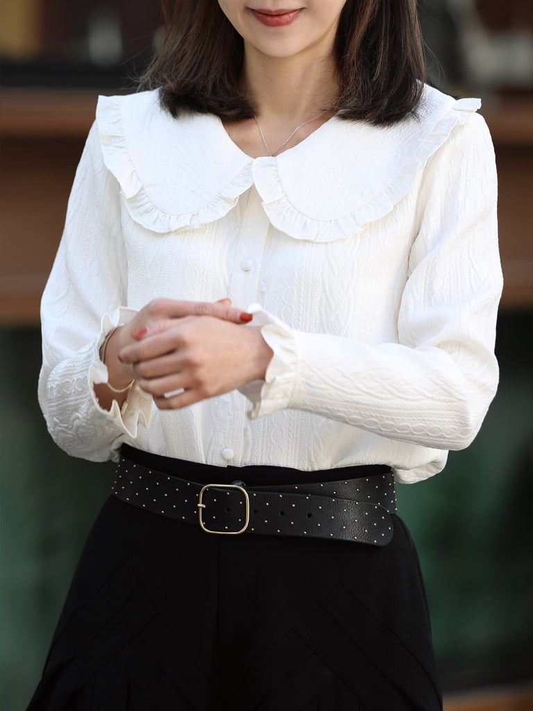 Embossed White Ruffle Collar Long Sleeve Button Silky Blouse