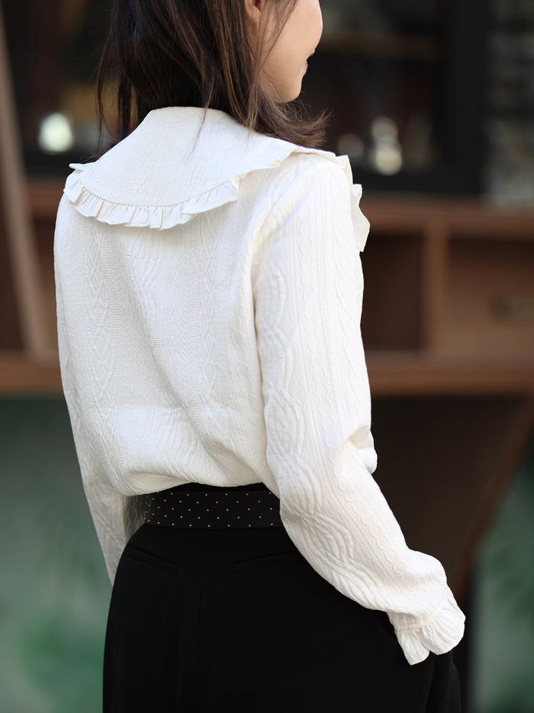 Embossed White Ruffle Collar Long Sleeve Button Silky Blouse