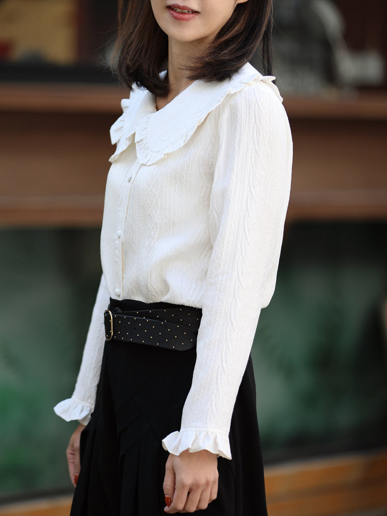 Embossed White Ruffle Collar Long Sleeve Button Silky Blouse