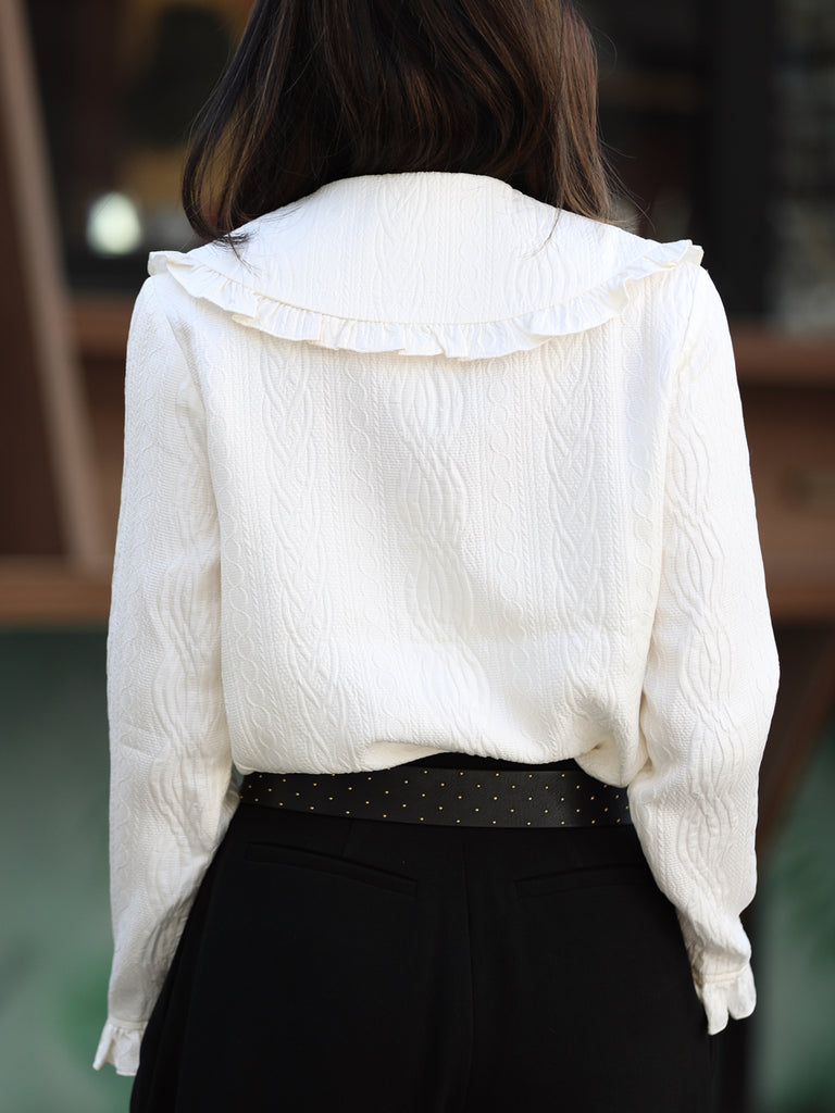 Embossed White Ruffle Collar Long Sleeve Button Silky Blouse