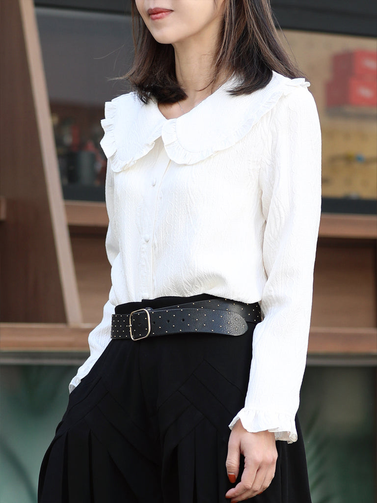 Embossed White Ruffle Collar Long Sleeve Button Silky Blouse