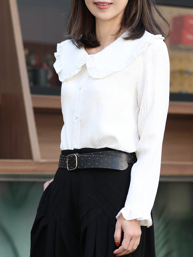 Embossed White Ruffle Collar Long Sleeve Button Silky Blouse