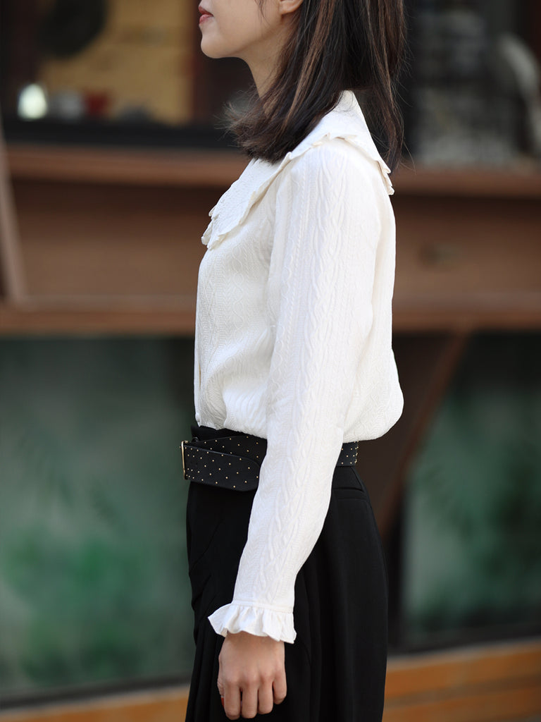 Embossed White Ruffle Collar Long Sleeve Button Silky Blouse