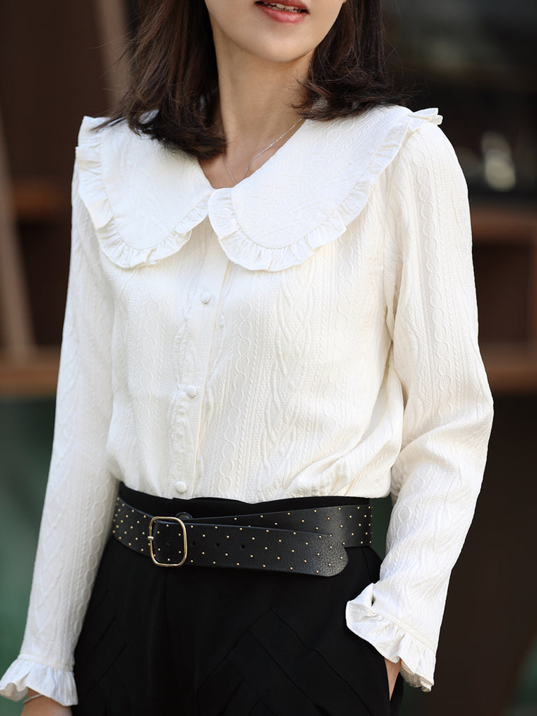 Embossed White Ruffle Collar Long Sleeve Button Silky Blouse