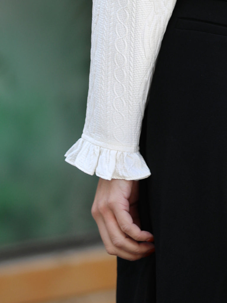 Embossed White Ruffle Collar Long Sleeve Button Silky Blouse