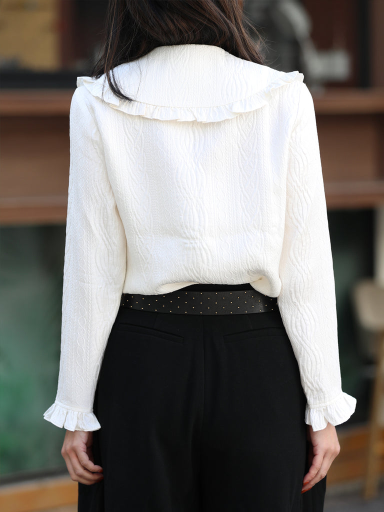 Embossed White Ruffle Collar Long Sleeve Button Silky Blouse