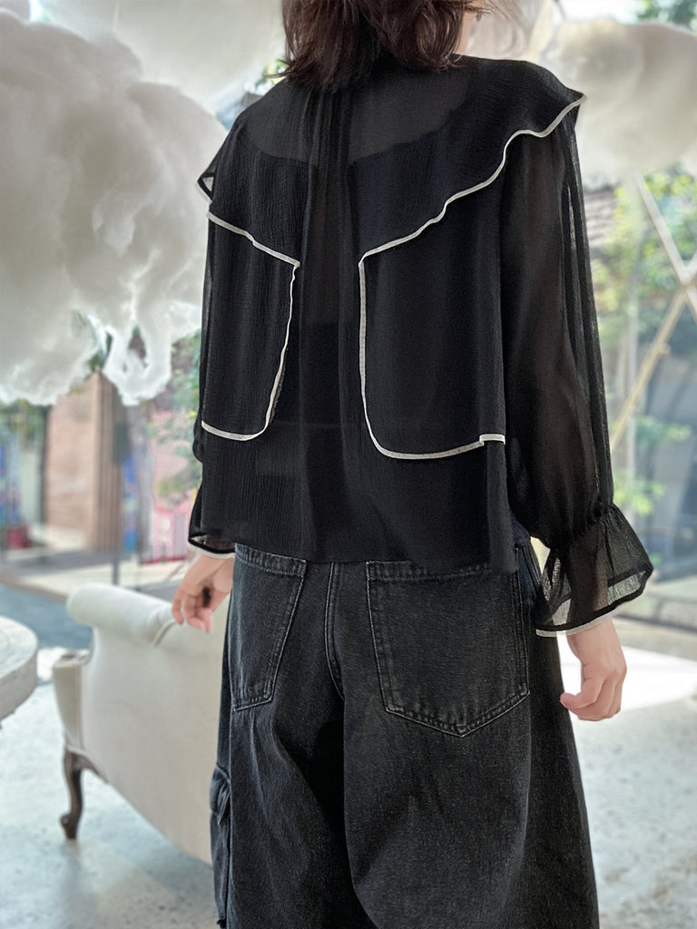 Black Mesh Trim Stand Collar Silky Blouse