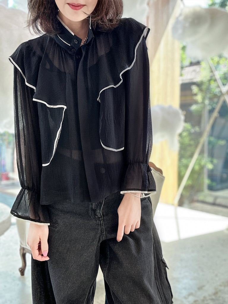 Black Mesh Trim Stand Collar Silky Blouse