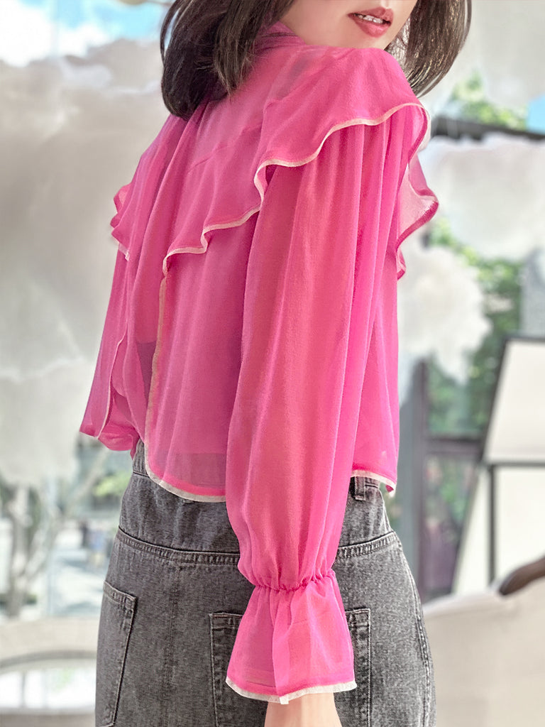 Pink Mesh Trim Stand Collar Silky Blouse