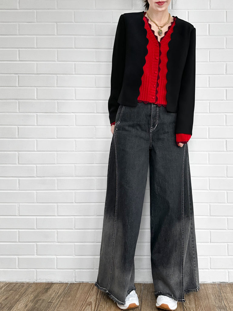 優雅的黑色扇形領開襟夾克