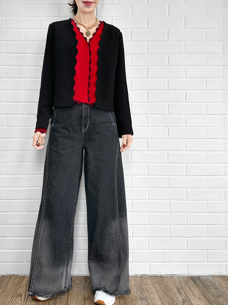 優雅的黑色扇形領開襟夾克