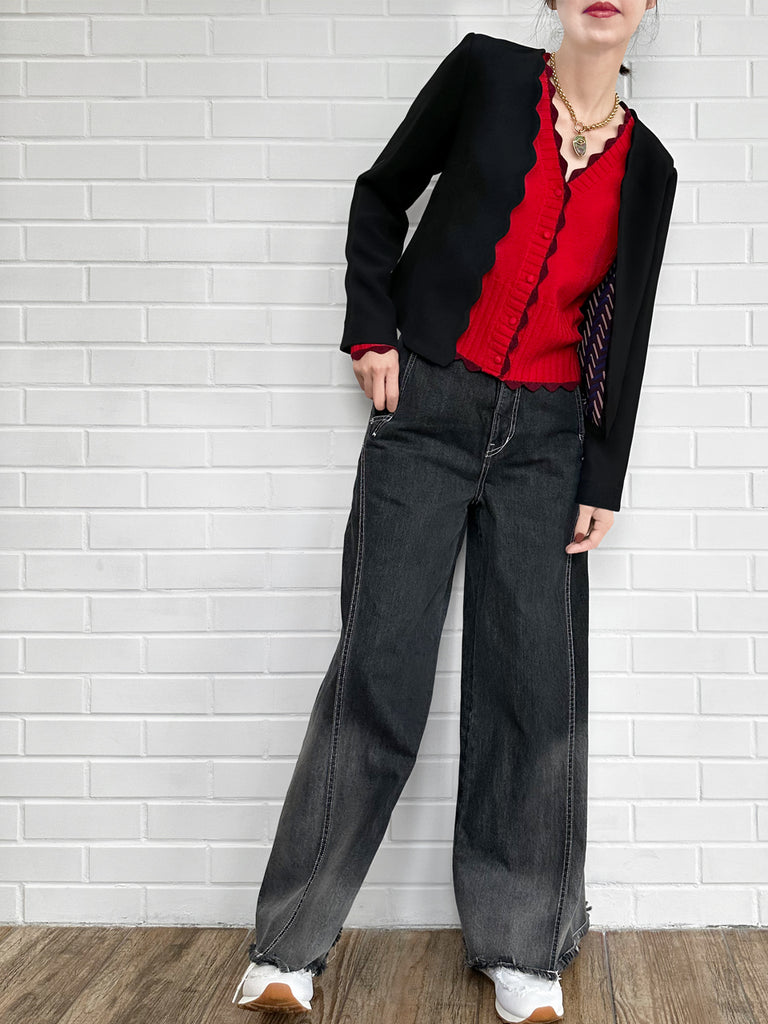 優雅的黑色扇形領開襟夾克