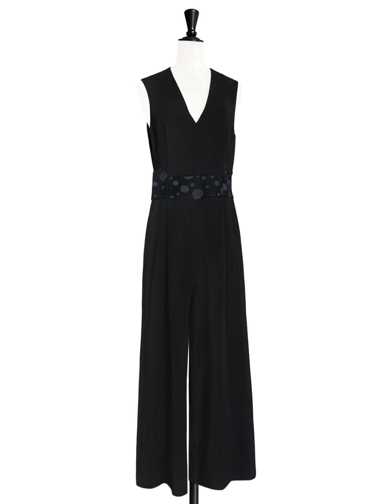 Surprise Sale! Elegant Black Dotty Belted Wide Leg Sleeveless Jumpsuit