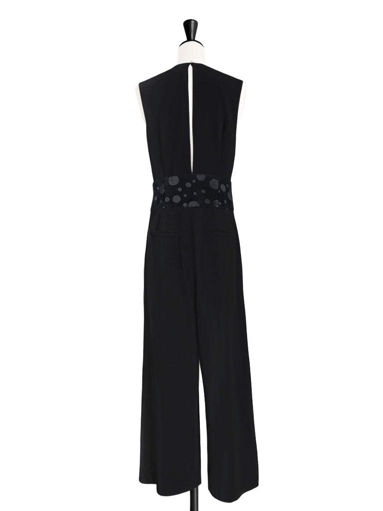 Surprise Sale! Elegant Black Dotty Belted Wide Leg Sleeveless Jumpsuit