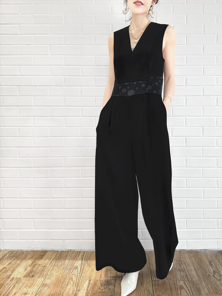 Surprise Sale! Elegant Black Dotty Belted Wide Leg Sleeveless Jumpsuit