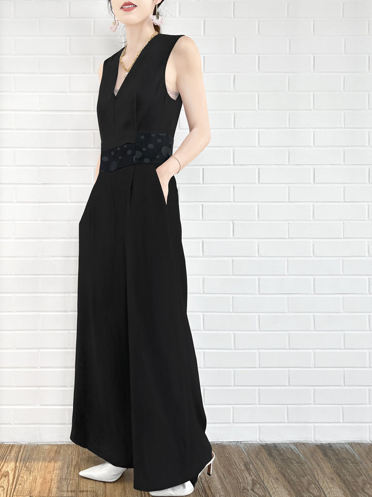 Surprise Sale! Elegant Black Dotty Belted Wide Leg Sleeveless Jumpsuit