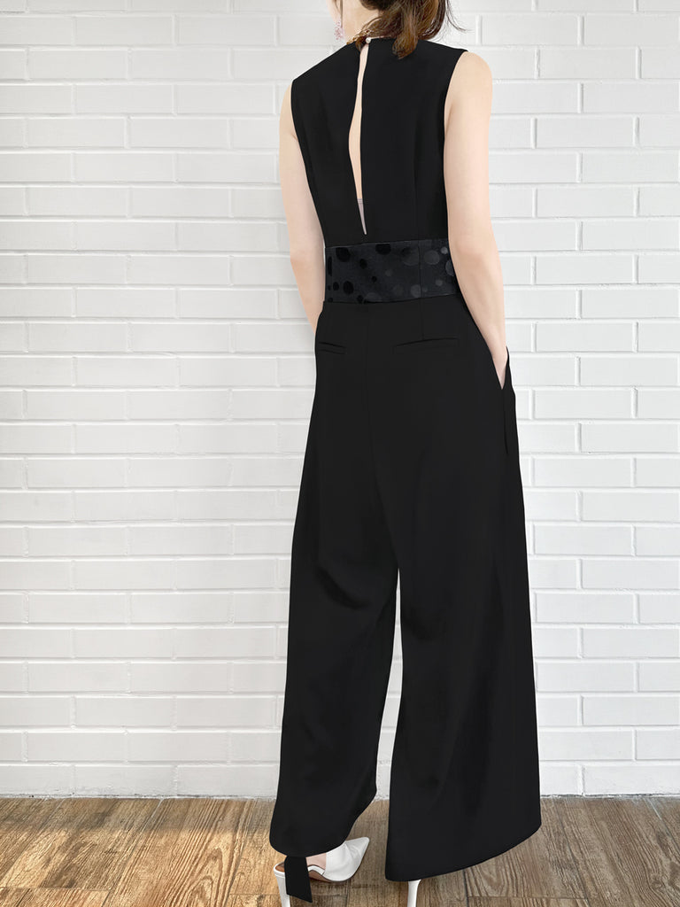 Surprise Sale! Elegant Black Dotty Belted Wide Leg Sleeveless Jumpsuit